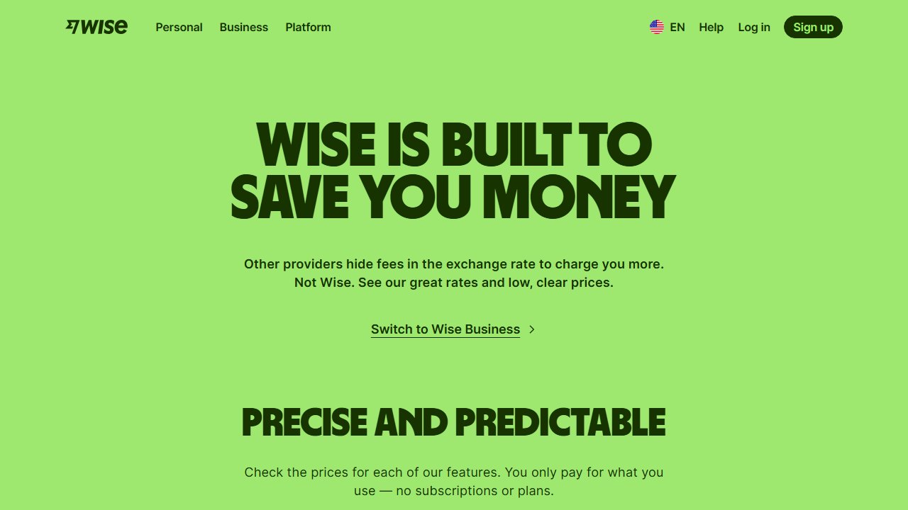 wise.com 官方页面截图:Wise Fees & Pricing: Only Pay for What You Use